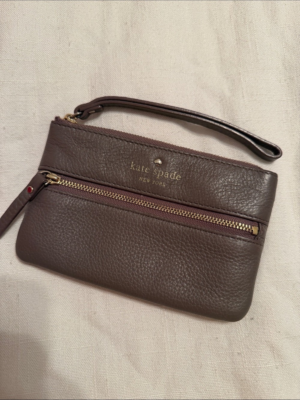 kate spade Brown Pebbled Leather Wristlet with Gold Hardware